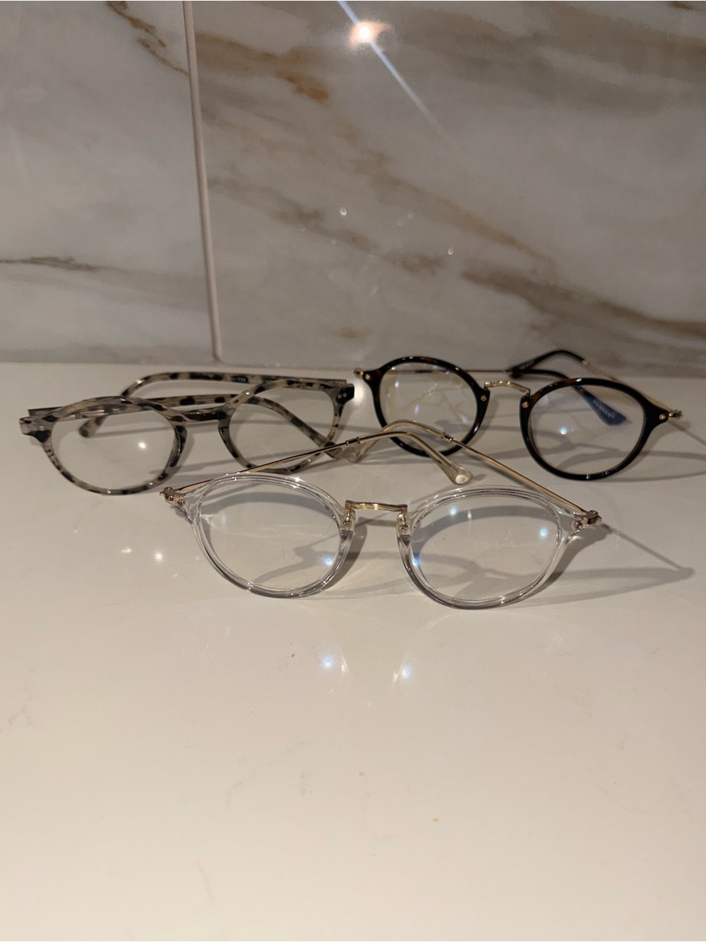 Clear Round Women's blue light Glasses - 3 pair clear, brown, printed frames